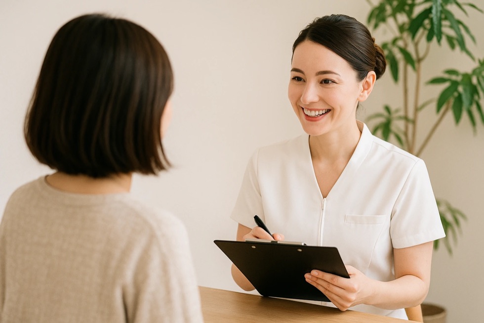 受付でカウンセリングシートにご記入いただく様子
